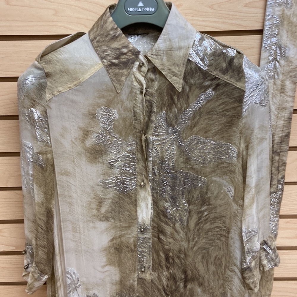 Just Cavalli Silver and Taupe Long Sleeve Ruffle-Hem Shirt Dress - Picture 2 of 11